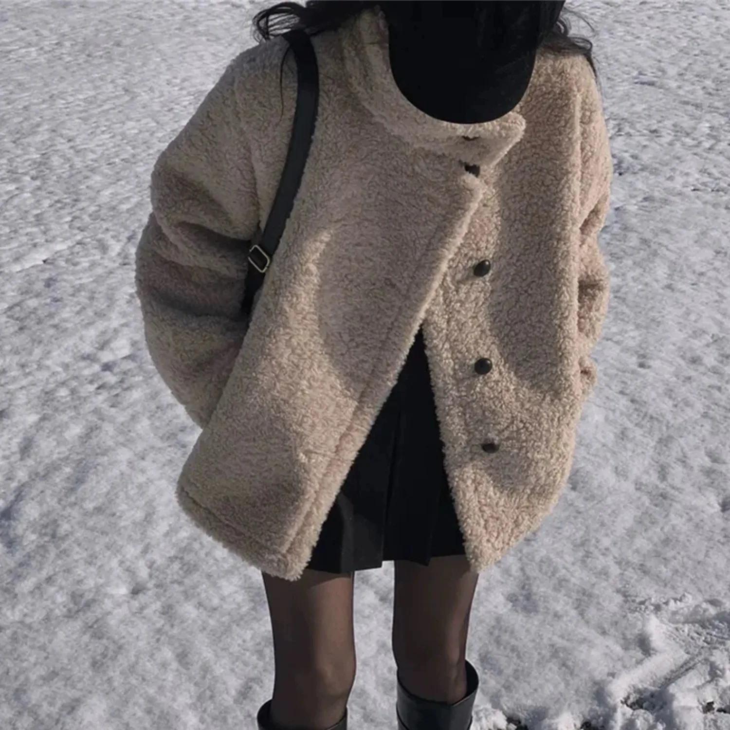 Korean Fashion Stand Collar Fur Leather Integrated Loose High-End Feeling Fluffy Sheepskin Medium-Length Outerwear