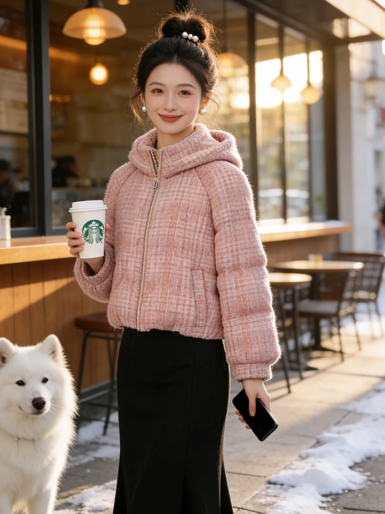 Korean Style Hooded Stand Collar Short Thickened Warm Bread Style Loose Outerwear Women's down Cotton Jacket for Winter