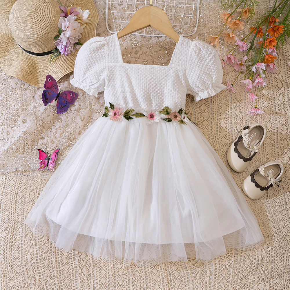 Summer New Bubble Sleeve One line Neck Flower Belt Mesh Dress for Primary and Secondary School Girls