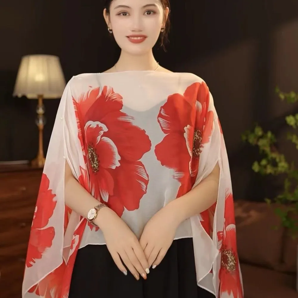

Multifuctional Breathable Shawl Flower Pattern Long Length Sun Protection Shawl Breathable Fabric Lightweight Chiffon Scarf