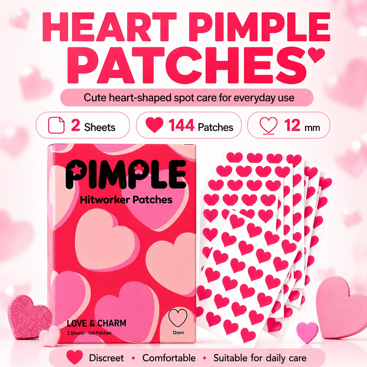 144pcs Heart Shaped Acne Pimple Patches, Hydrocolloid Invisible Blemish Stickers, Absorb Spot Cover Patches for Facial Skin Care