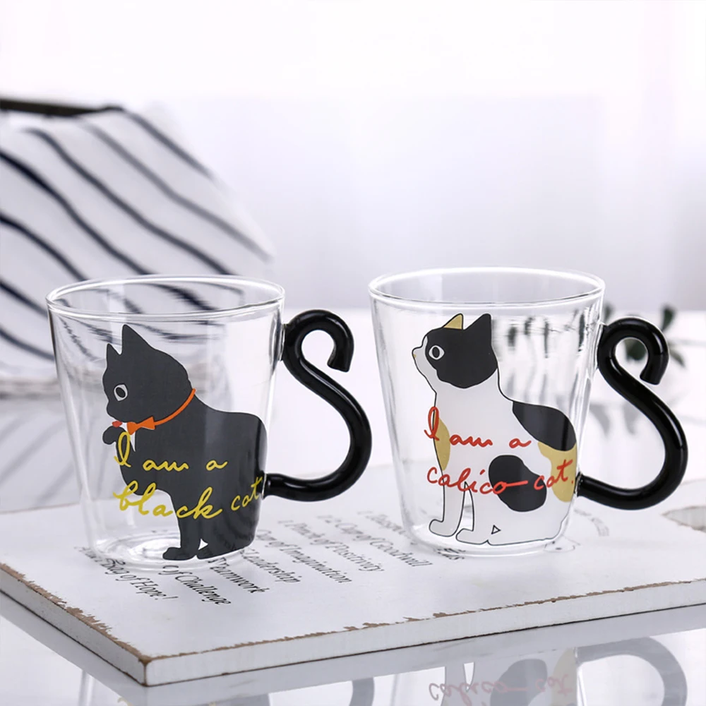Water Cup Creative Glass With Handle Cute Cat Design Cartoon Two Styles Of Repeated Printing For Coffee And Milk Drinks