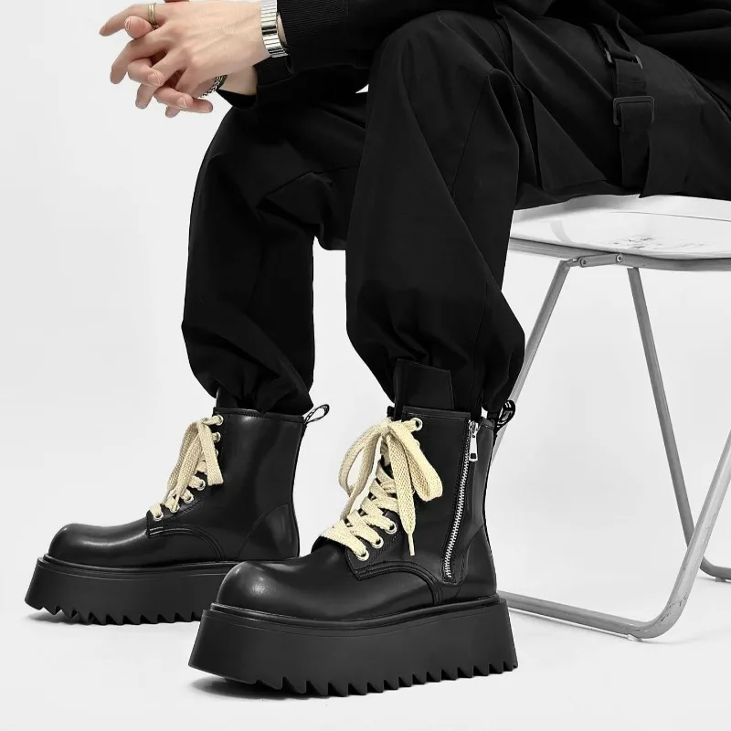 

Men Boots Fashion Locomotive Boots Men Heightening Knight Boot Leather High-top Thick-soled Boot Leather Gothicism Platform Boot