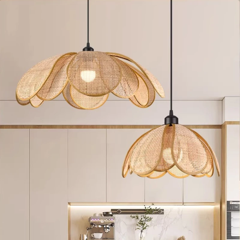 Japanese Woven Pendant Light Petal Design Creative Chandelier for Dining Room Unique Rattan Ceiling Fixture Bedroom Hanging Lamp