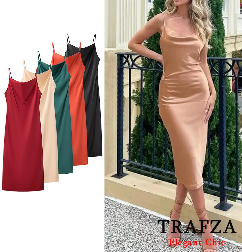 TRAFZA Vrouwen Elegante Satijnen Jarretel Lange Jurk 5 Kleuren Slanke Jurk Nieuwe Lente Zomer 2025, Mode Datum Vakantie Sexy Jurk