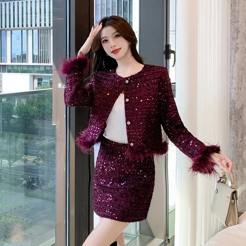 Luxurious Sequin Two-piece Set for Women Female Office Lady Autumn/Winter New High-end Short Blazer + Skirt Classic Style Sets