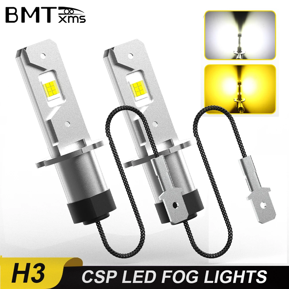 BMTxms 2Pcs Mini H3 LED Car Headlight Bulbs Fanless H3 LED Fog Light Bulb Yellow DRL Super Bright White Car Driving Lamp DC 12V