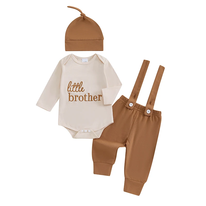 Baby Boys 3PCS Outfit Sets Long Sleeve Crew Neck Letter Embroidery Romper Solid Color Suspender Pants Hat Sets