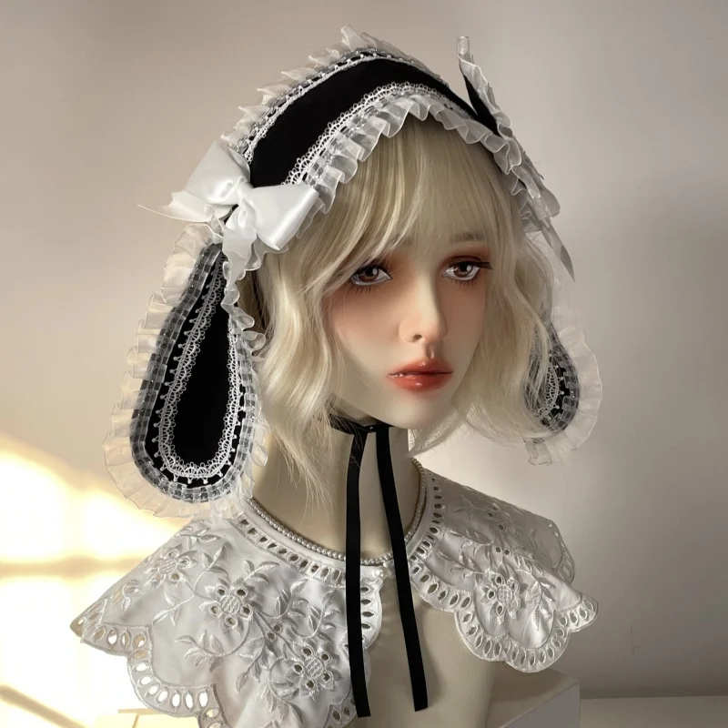 2025 New Gothic Handmade Harajuku Lolita Rabbit Ears Headband Y2K Cute Heart Bow Headband Cosplay Lace KC Headwear for Girl