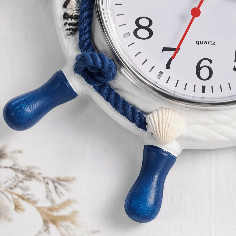 Wooden Steering Wheel Clock 8.46in Blue Sailing Ship Clock Wall Hanging Ornament Mediterranean Style Anchor Wall Clock