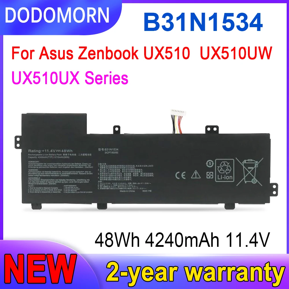 

DODOMORN B31N1534 New Battery For ASUS Zenbook UX510 UX510UW UX510UX V510U/UX U5000U Series 3ICP7/60/80 0B200-02030000 48WH