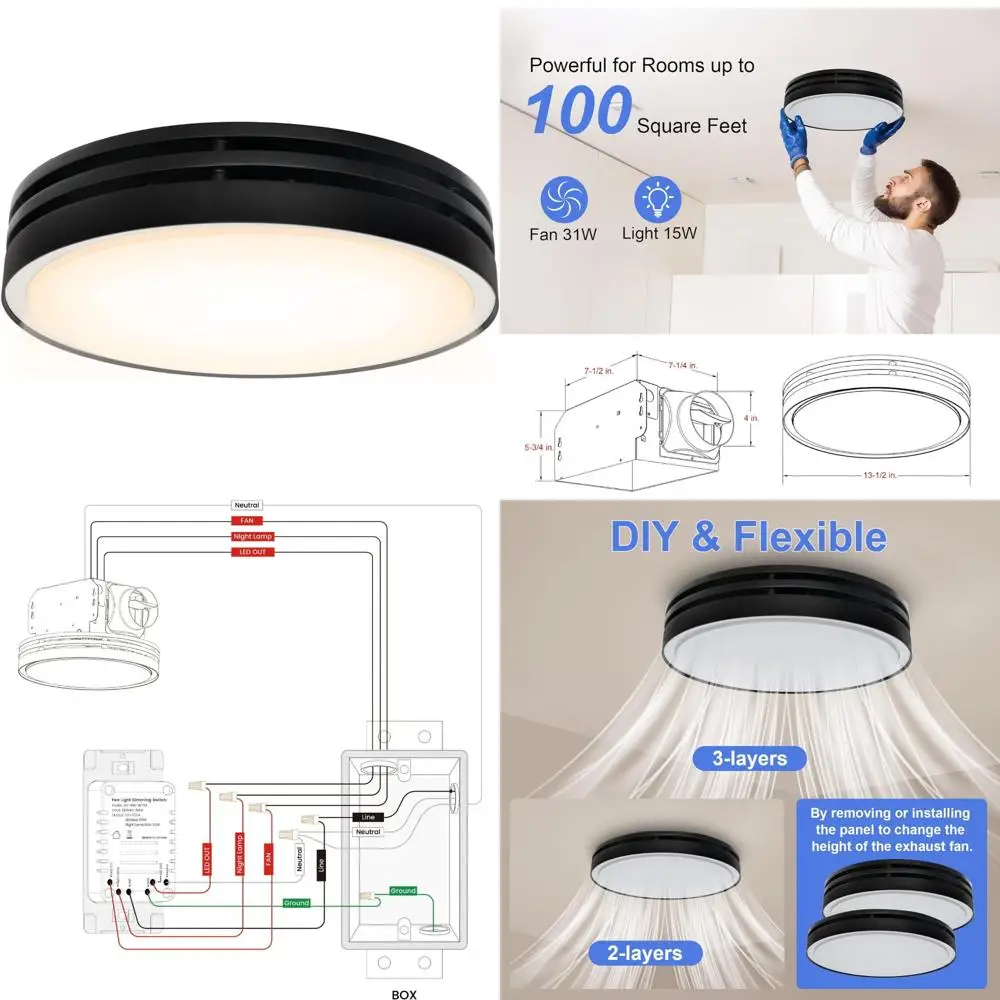 

Потолочный вытяжной вентилятор для ванной комнаты со светодиодной подсветкой с регулируемой яркостью, 110 куб. футов в минуту, 2,0 режима, 1000 люмен, ночник, двухцветный, длина 150 люмен, Т