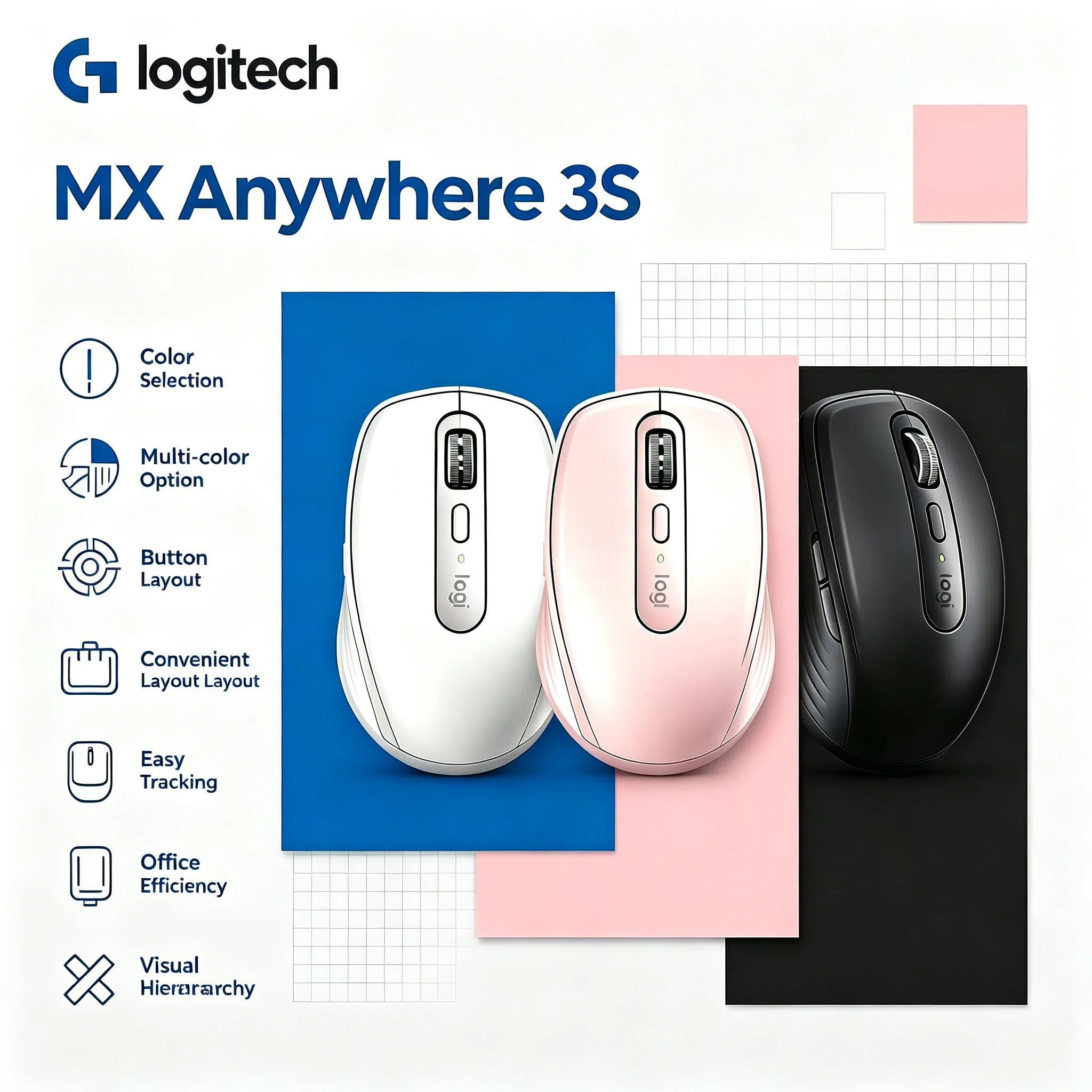 Quiet Logitech MX Anywhere 3S Bluetooth Wireless Mouse Ergonomic Office Mice for Home and Work
