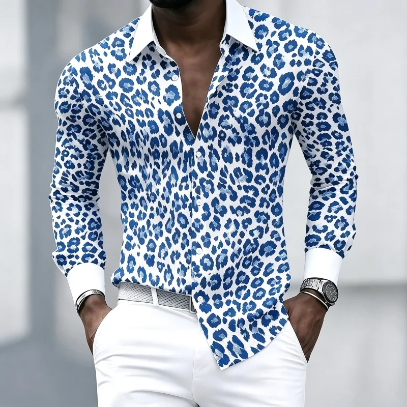 New personalized leopard print men's long sleeved shirt with contrasting white collar and flip collar, business casual men's top