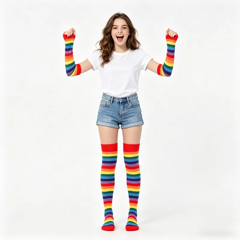 Colorful Rainbow Stripe Cotton Thigh High Over Knee Stockings Arm Sleeve Suit Masquerade Party Cosplay Dress Up Accessories 2