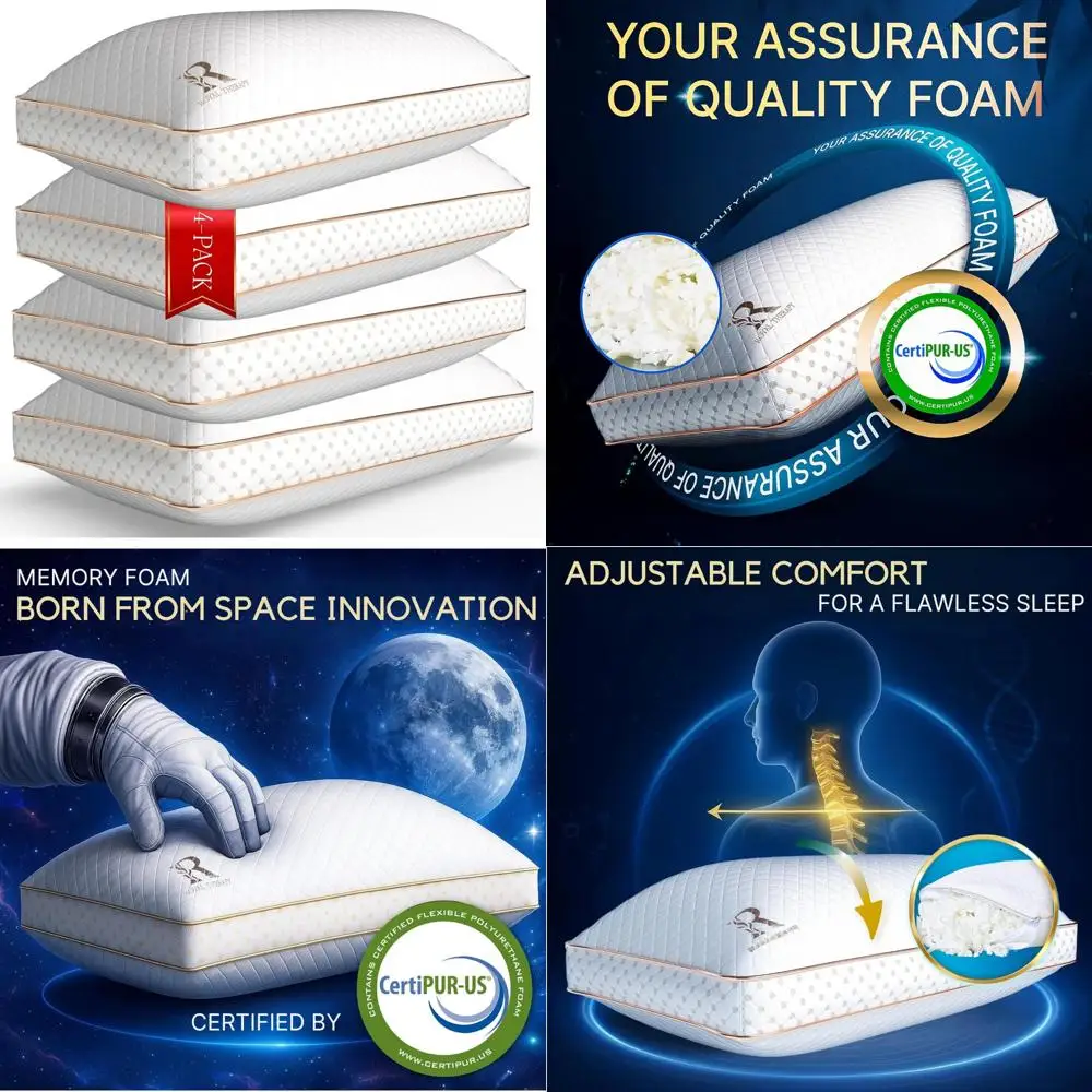 

Подушки из пены с эффектом памяти, 4 шт., королевский размер — регулируемые измельченные подушки для облегчения боли в шее и плечах, поддержка без запаха для комфорта