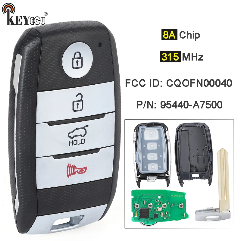 

KEYECU 315 МГц 8A Чип FCC ID: CQOFN00040 Артикул: 95440-A7500 Умный брелок с дистанционным управлением для Kia Forte 5 Koup 2014 2015 2016