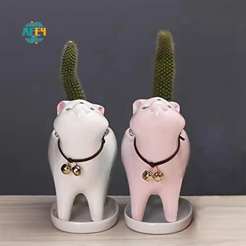 

AEE4-2 PCS Cat-Planter Plant Pots White & Pink Ceramics Decorative Animal Flower Pot With Drainage Hole And Tray Saucer