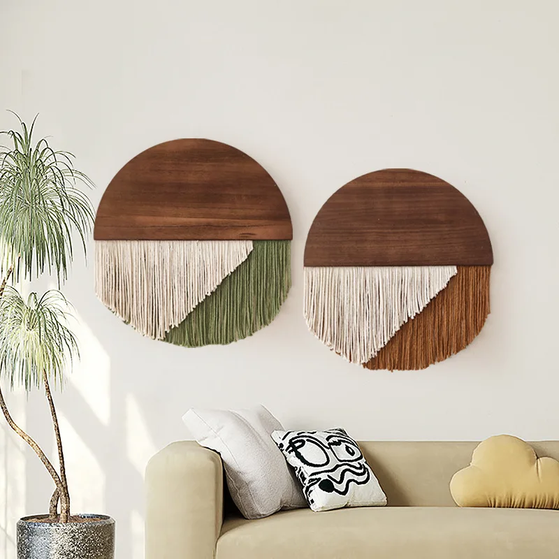 

Bohemian Semicircle Board Macrame Handwoven Cotton Tassel Wall Hanging Decor for Motel/Homestay Boho Wooden Board Home Decor