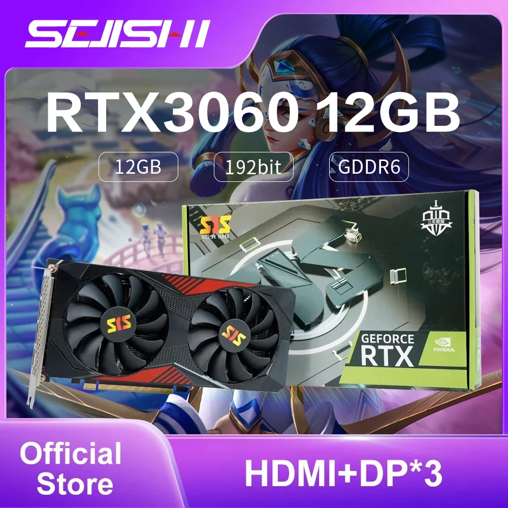 SEJISHI RTX 3060 12G Graphics Card NVIDIA GPU GDDR6 192bit 8Pin HDMI*1 DP*3 PCI-E 4.0 rtx3060 12gb Gaming Video Card Mining