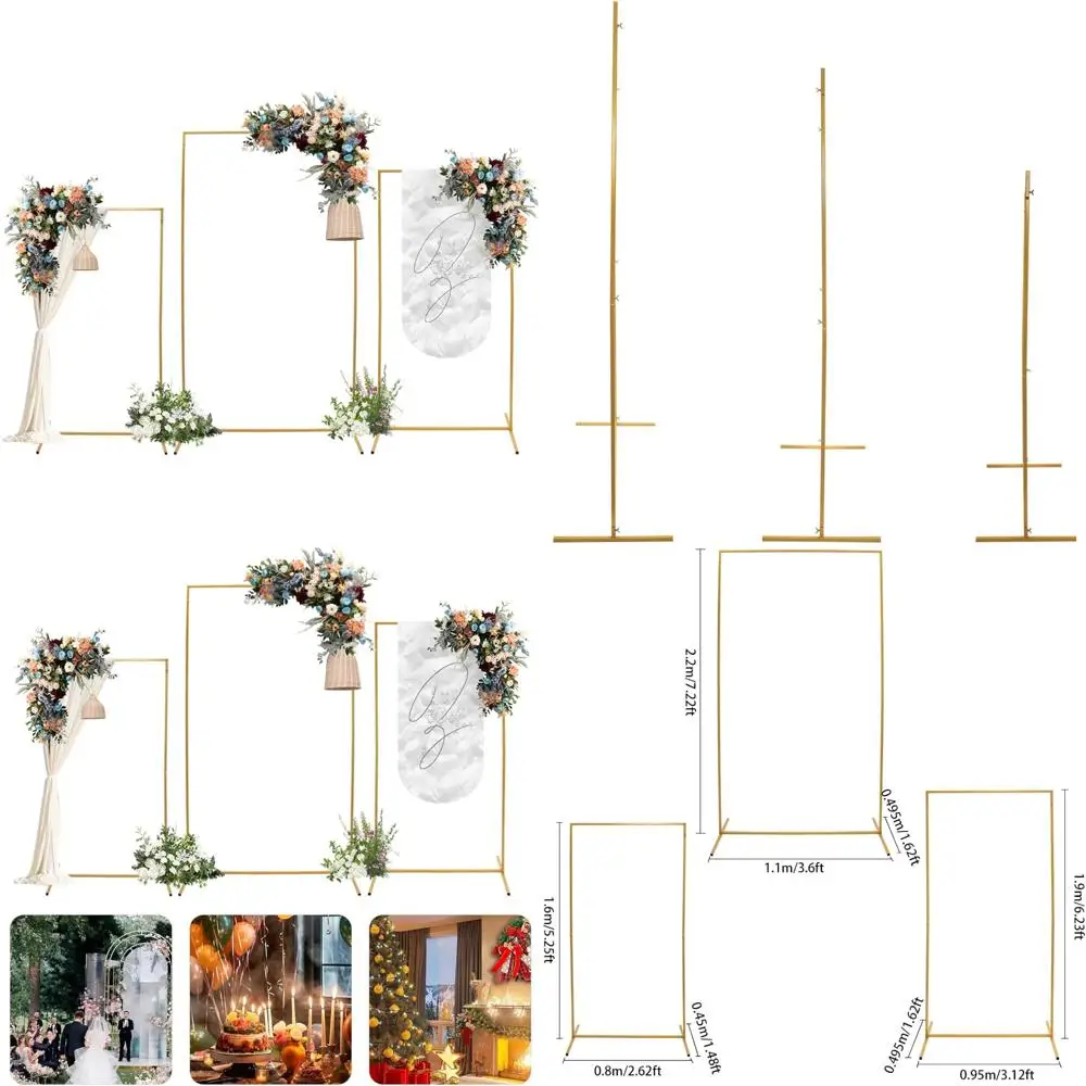 

Tri-Set Wedding Metal Backdrop Stands with Sizes 7.22ft, 6.23ft, and 5.25ft, Including Rectangular Balloon Frame and 3pc Backdro