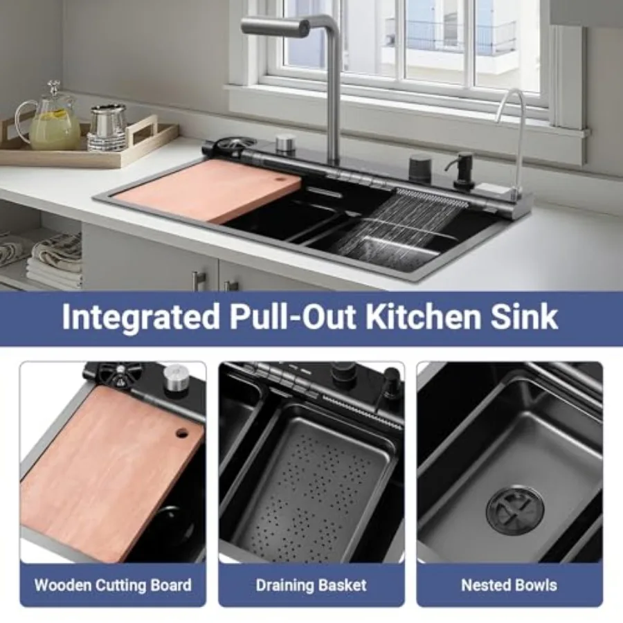 30in قطرة في حوض المطبخ Undermount وعاء واحد الفولاذ المقاوم للصدأ أحواض المطبخ الذكية الحديثة مع لوح التقطيع 4 في 1 سحب للخارج
