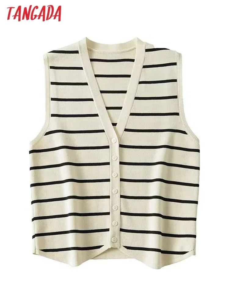 Tangada 2023 Summer Women Striped Knitted Sweater Jumper Sleeveless Cropped Cardigan AI45X