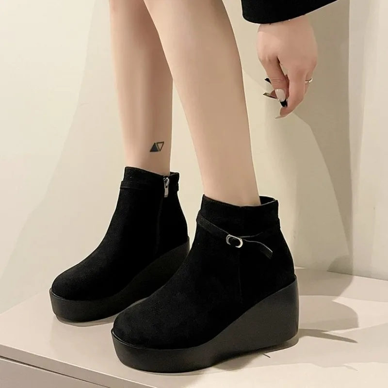 Women Boots Faux Suede Leather Wedge Platform Boots Hidden Heel Shoes High Top Casual Shoes for Woman Ankle Boot Size 36-43