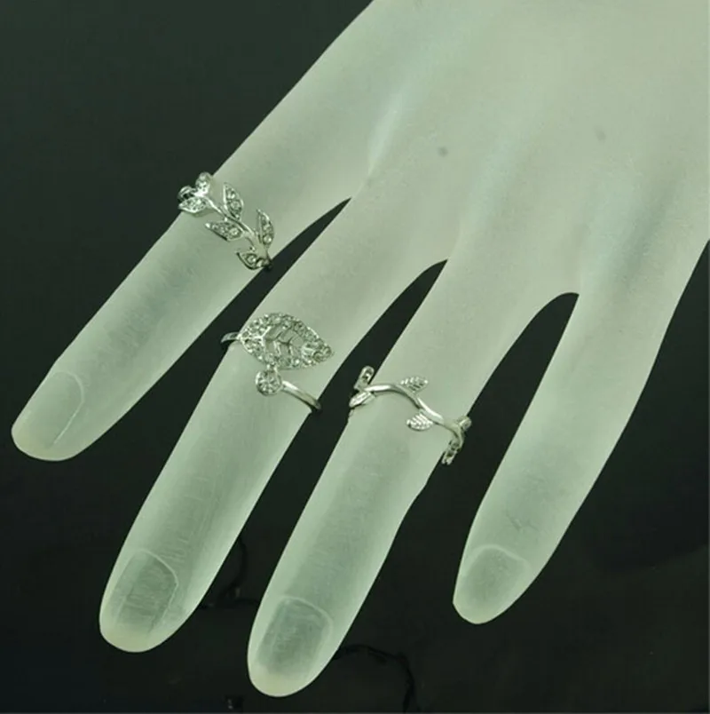 3pcs/set Silver Color Rhinestone Crystal Women Rings Femme Stacking Charm Leaf Midi Knuckle Ring Set For Women Anillos