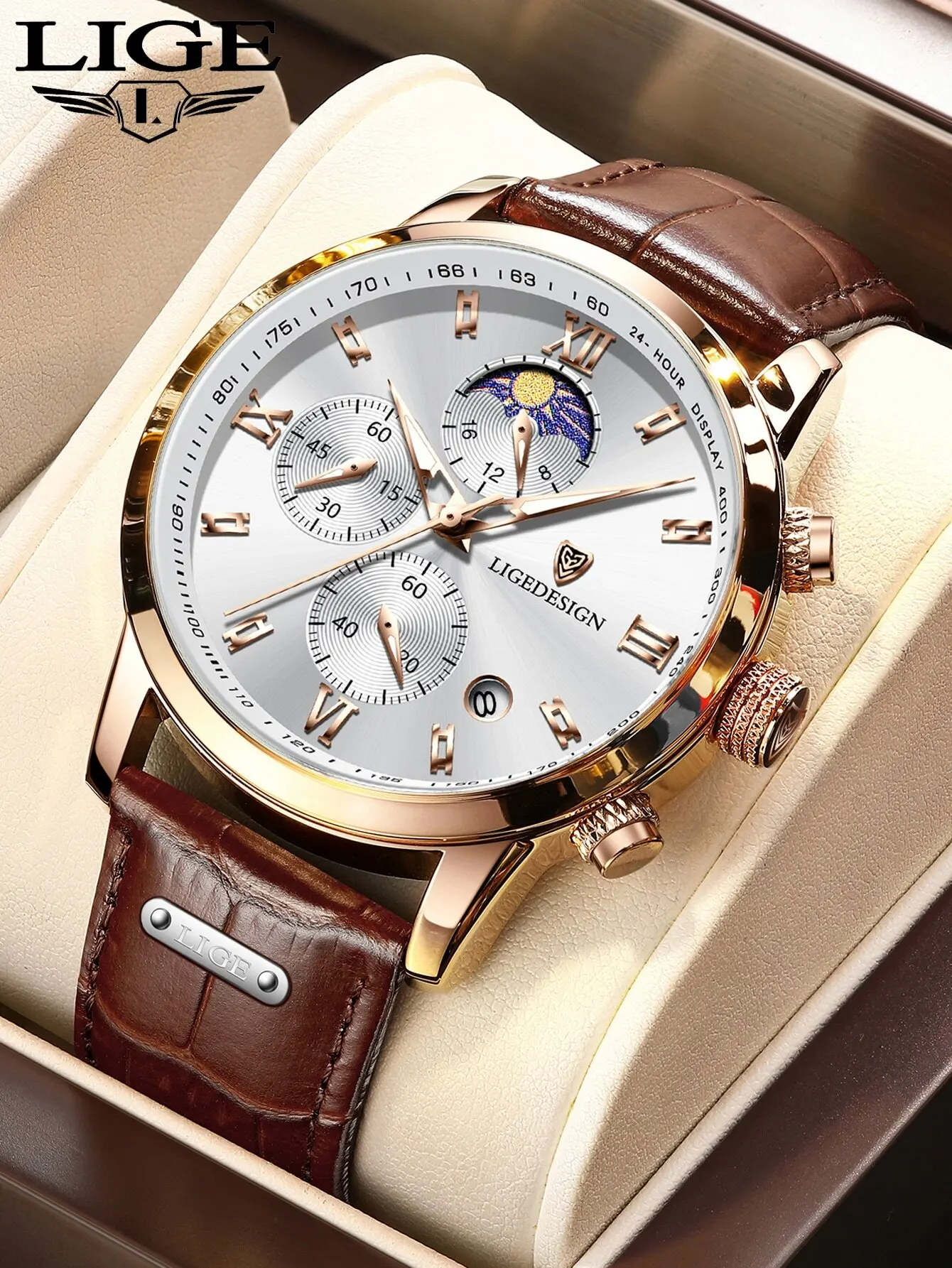 LIGEDESIGN Men's Crocodile Pattern Brown PU Polyurethane Strap Business Date Chronograph Round Dial Quartz Watch, Suitable For Daily Wear