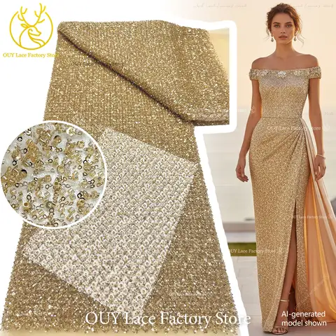 Wholesale Gold Beaded Sequins Lace Fabric High Quality Party Mesh Tulle Lace Fabric For Wedding Party Dress Sewing Supplies