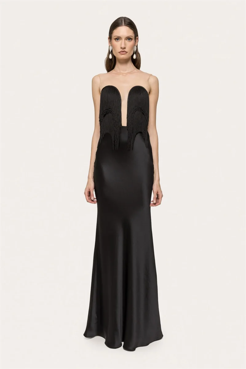 

Black Tassel Prom Dress Sexy Sheer Neck Sleeveless Sheath Long Party Gown Casual Hot Girl Formal Wedding Guest Birthday Robe