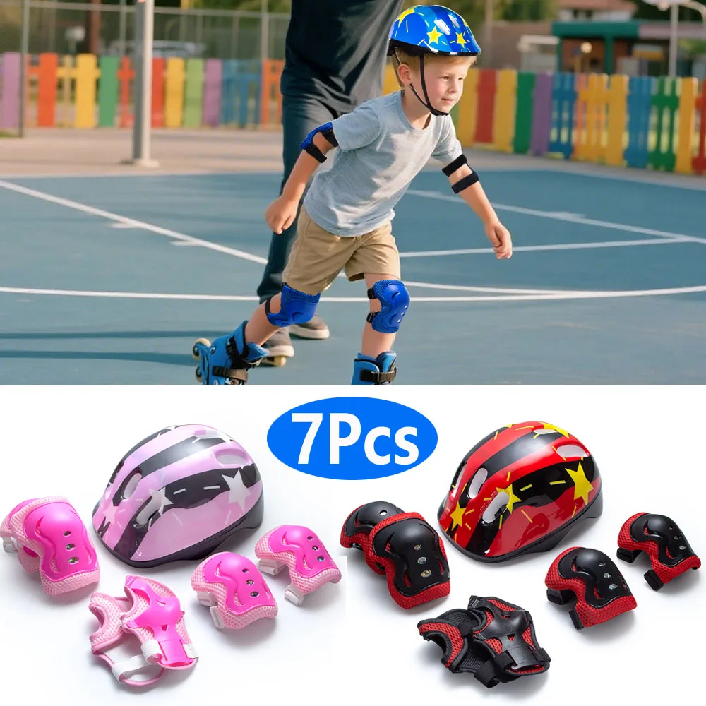 

7 шт./компл., детский защитный шлем для катания на роликовых коньках для мальчиков и девочек, наколенники, наборы налокотников для езды на велосипеде, скейт, скутера, защитная защита