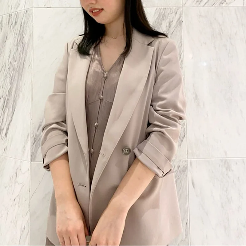 Japanese Suits 2022 Early Autumn New Women Jackets Simple Solid Plaid Lapel Long Sleeve Pockets Double Breasted Blazers