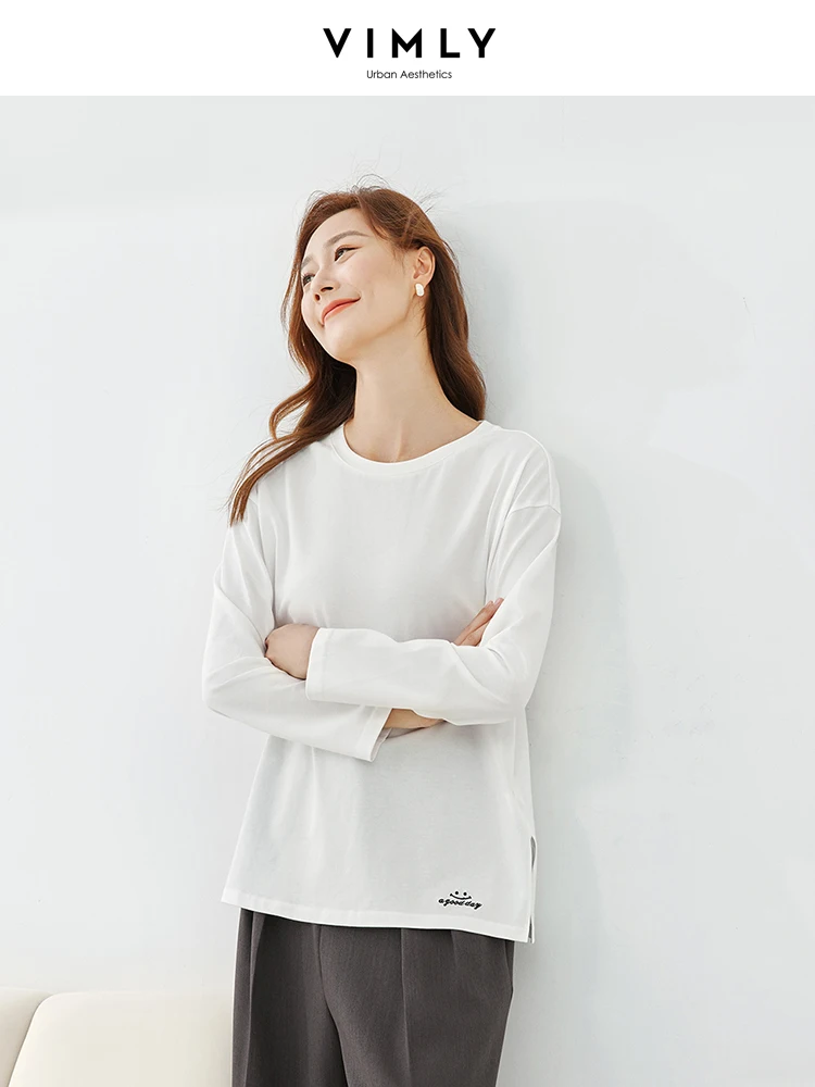 Vimly Women White T-shirt 2024 Spring and Autumn Casual Fashion 100% Cotton Side Slit Long Sleeve Tops Basics Simple Tees V7833