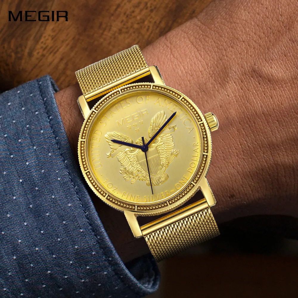 MEGIR Роскошные деловые часы для мужчин, золотой стальной сетчатый ремешок, мужские кварцевые часы, водонепроницаемые наручные часы Reloj Hombre 2032