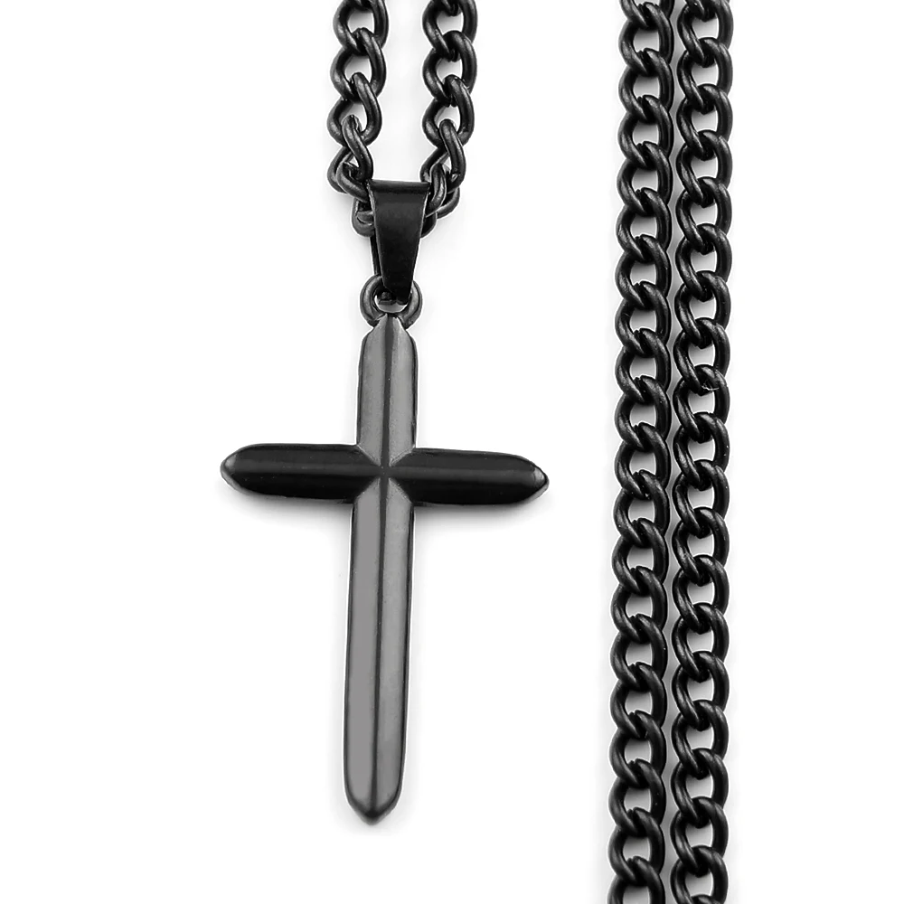 Punk Stainless Steel Cross Necklace for Men Women Curb Chain Simple Line Cross Pendant Necklace Christian Religious Jewelry Gift