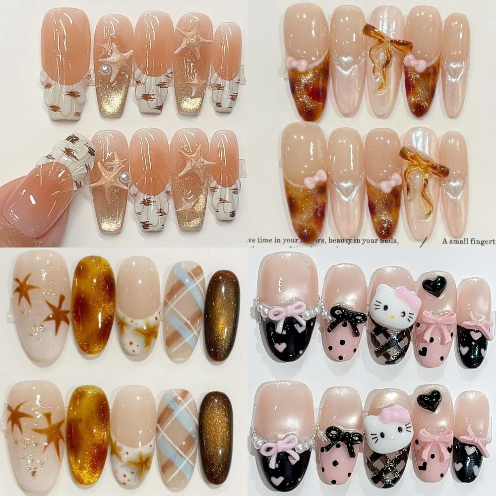 

Kawaii Cartoon Hello Kitty Handmade Long Ellipse Press On Nail Cute Shining Cat Eye Diamond Bowknot Pearl Stars Full Cover Nail