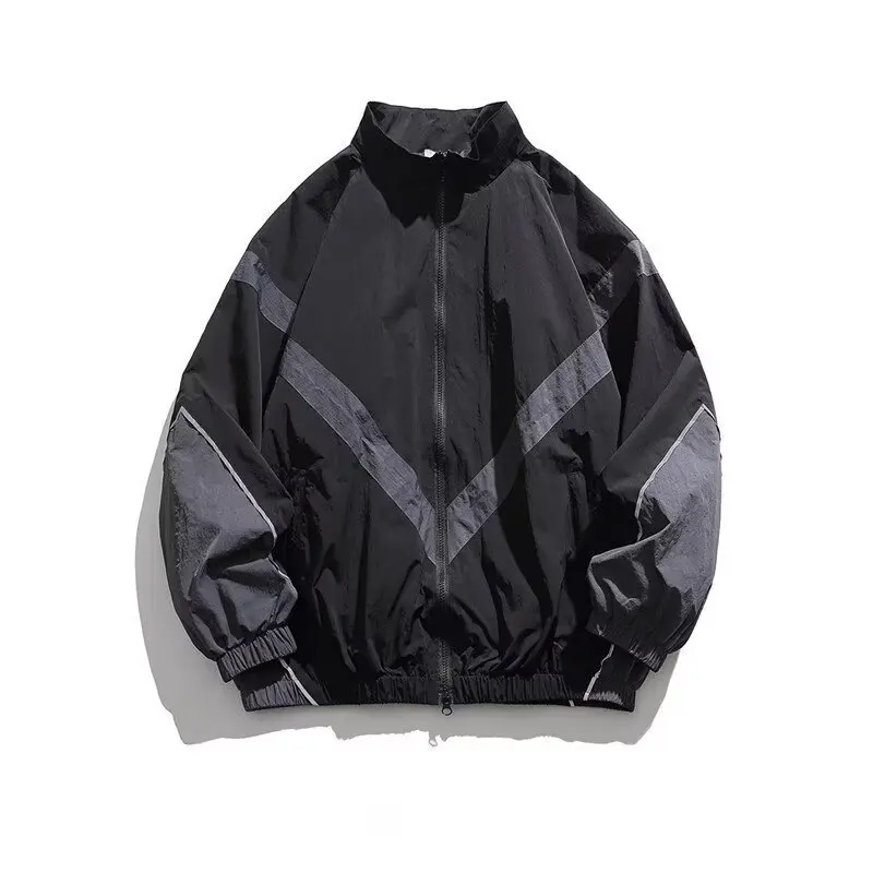Trendy American Style Zippered Hooded Jacket Men's Loose Fit Casual Autumn Fashion Thin Jacket Reflective Patchwork Stand Collar