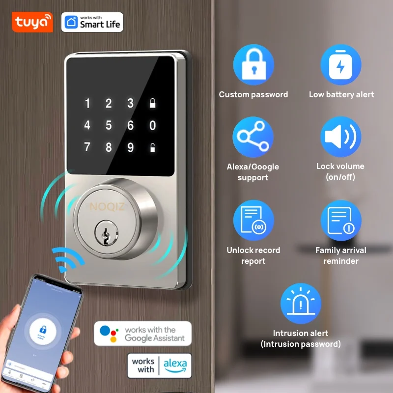 Tuya Smart Lock with password, Keyless Entry Door Lock with Touchscreen Keypads, Easy to Install, App Unlock, 50 User Codes