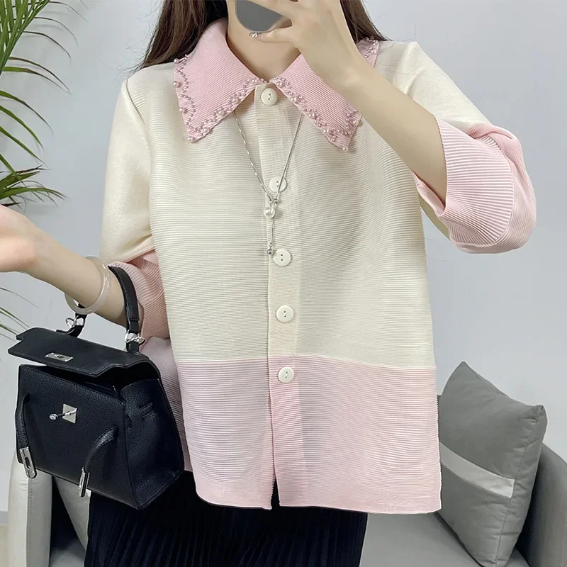 

2024 New Miyake Pleated Casual Beading Contrast Color Three-quarter Sleeve Shirt Top Women's Loose and Versatile Cardigan