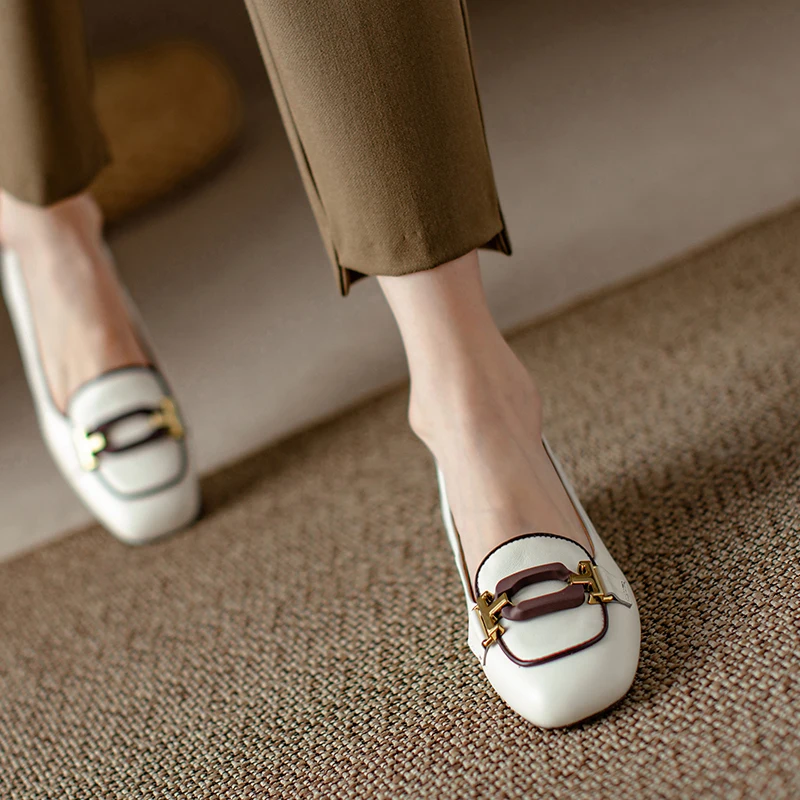 Zapatos planos de cuero genuino con punta cuadrada y tacón bajo, poco profundos, versátiles, informales, cómodos