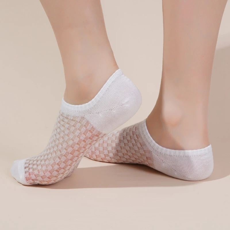 Summer Lace Mesh Boat Socks Womens Thin Shallow Mouth Girls Invisible Non-slip Silicone Square Hollow Solid Crew Socks 5 Pairs