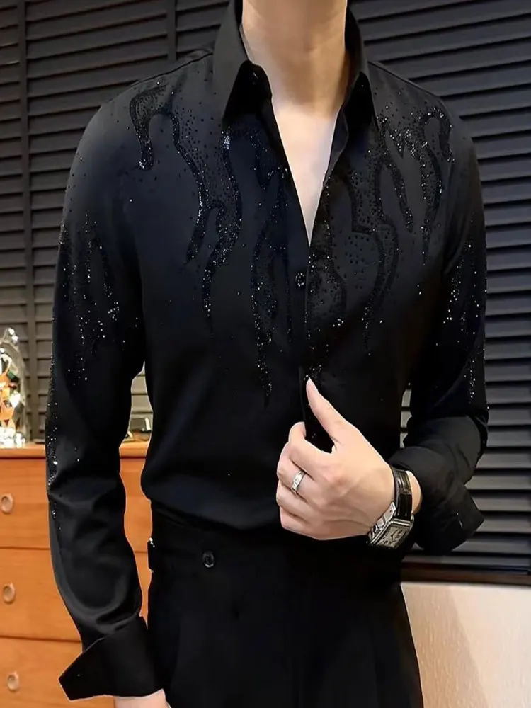 

High Quality Luxury Rhinestones Shirt For Men Trend Fashion Versatile Hot Diamond Flash Fire Drilling Camisas De Hombre