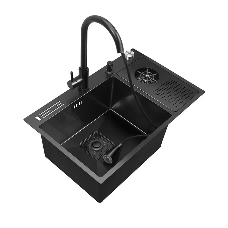 Black Diamond Nano Handmade Large Single Bowl Kitchen Sink Stainless Steel with Faucet Vegetable Basin Set for Modern Home