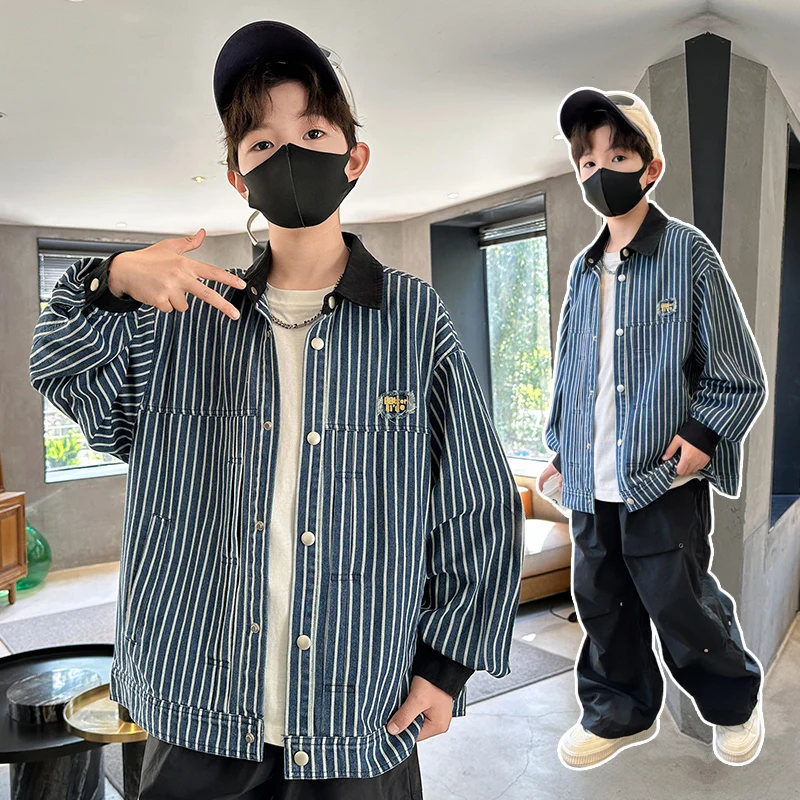 

Baby Boy Denim Jacket Kids Spring Autumn Y2k Patchwork Cargo Trench Jacket Child Striped Boy Casual Fashion Blue Coat Ages 4-14Y