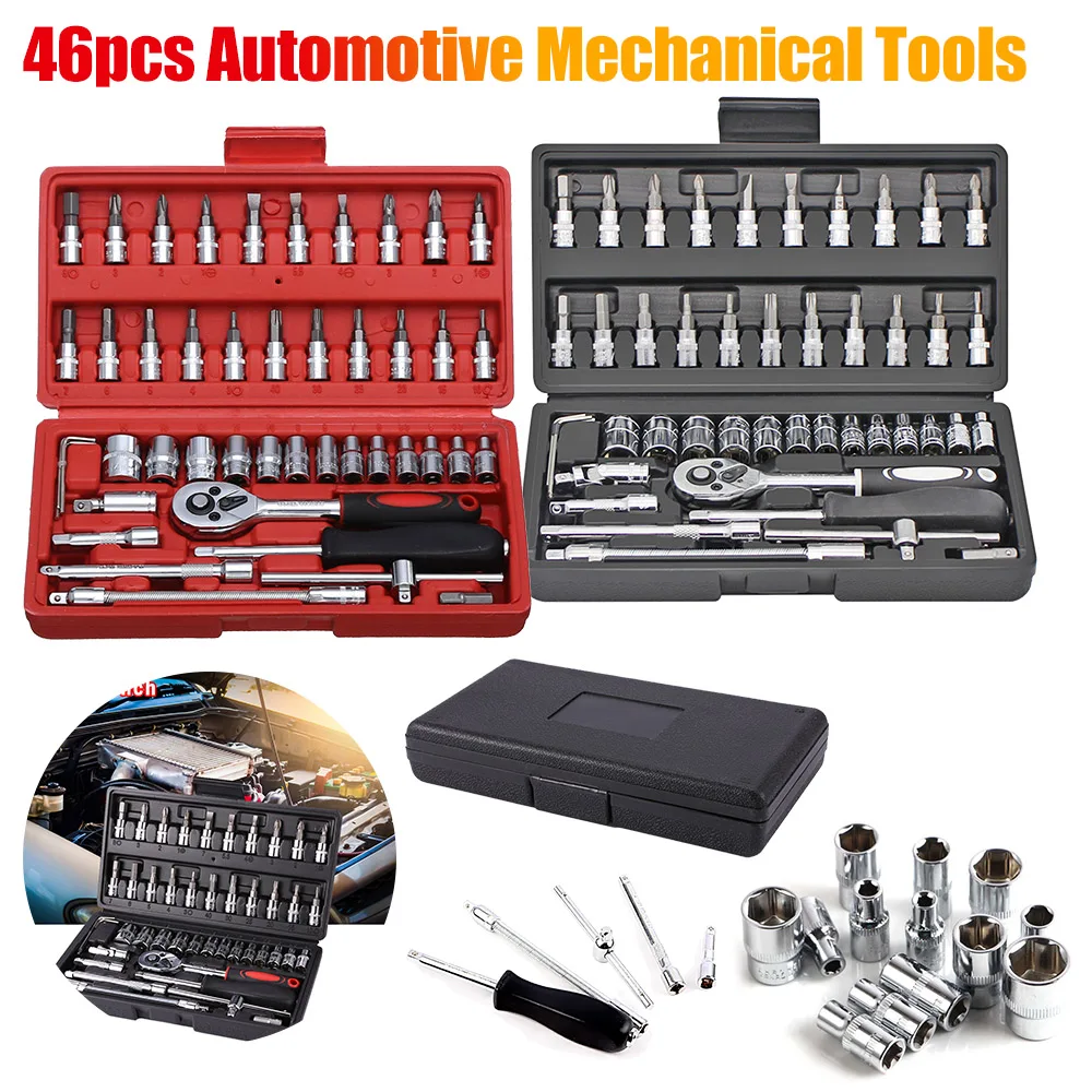 46pcs Automotive Mechanical Job Tools Car Bicycle Ratchet Wrench Set Combination Repair Wrench Socket Spanner Screwdriver Kit