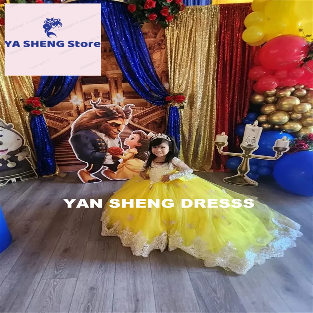 Customized Wedding With Bow Light Yellow Flower Girl Dress Lace Appliqués Eucharistic Birthday Party Prom Customised