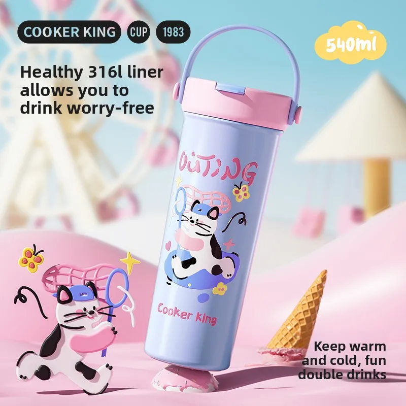 

COOKER KING Cute Stainless Steel Insulated Mug With Lid Easy To Carry For Coffee Comfortable Handle Vacuum Thermos For Daily Use