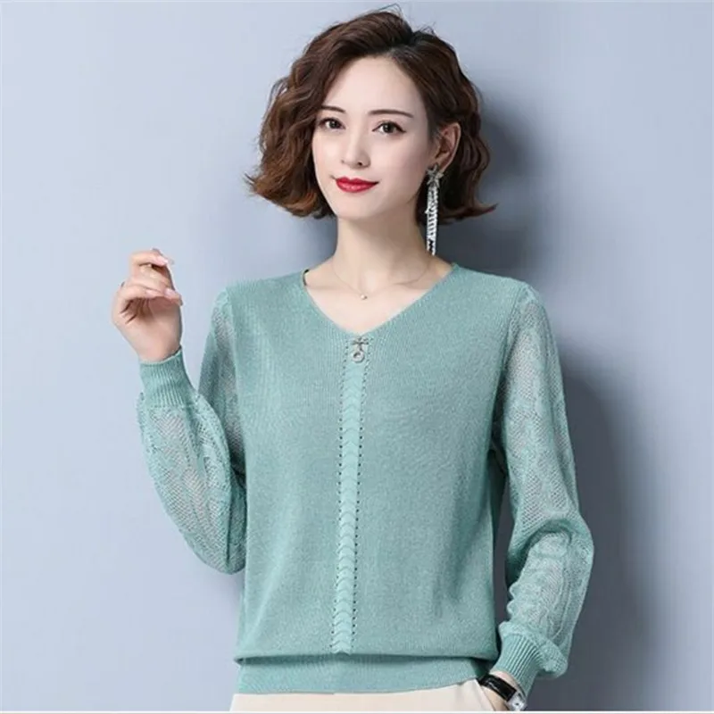 

Fashion V-Neck Knitted Sweater Women Pullover 2023 New Spring Autumn Korean Ice Silk Thin Knitwear Tops Jumper Ladies Tide G2749